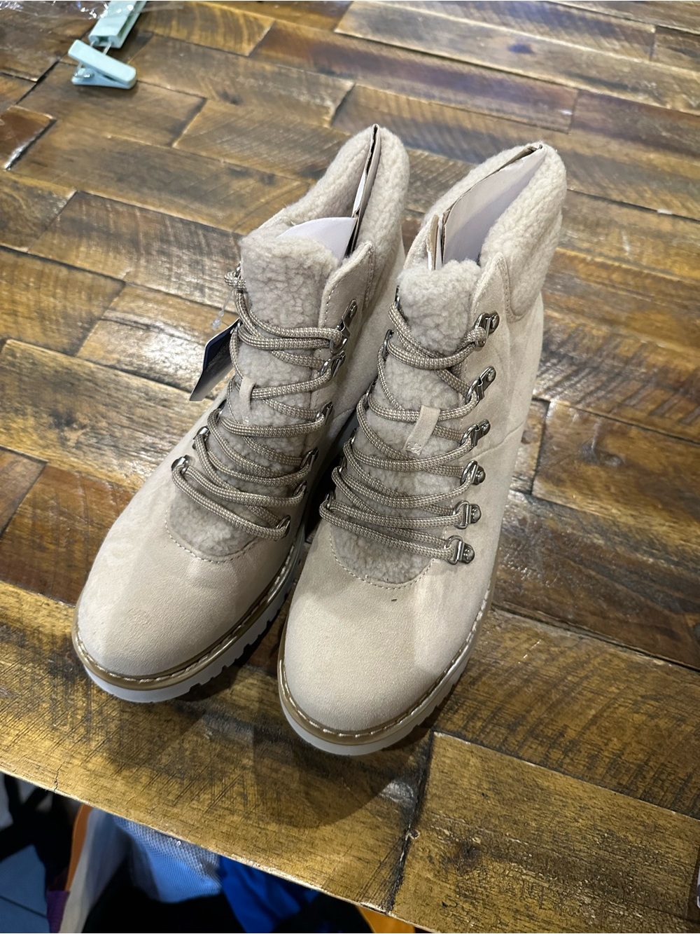 Sonoma Taupe Sherpa-Trim Lace-Up Ankle Boots